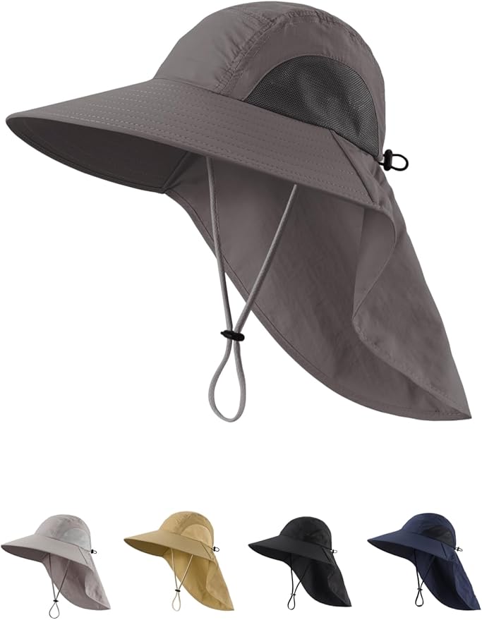 LLmoway Wide Brim Sun Hat with Neck Flap for Men Women Summer Outdoor UV Protection Breathable Fishing Hats with Strap