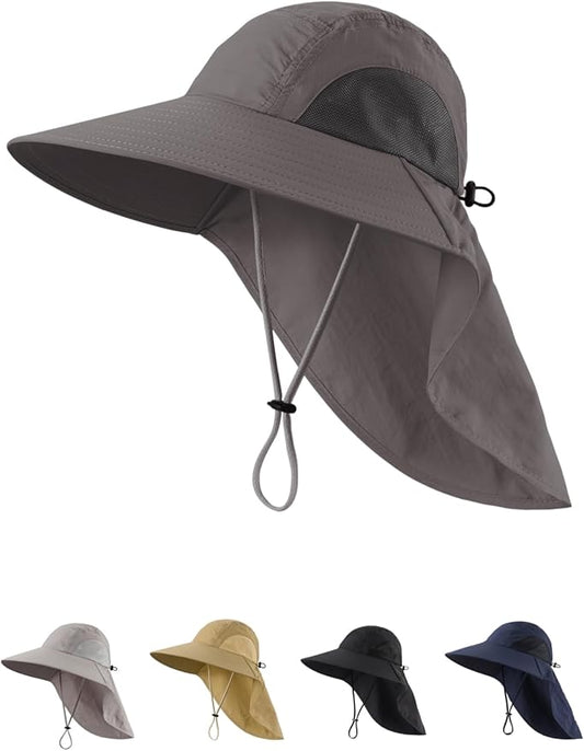 LLmoway Wide Brim Sun Hat with Neck Flap for Men Women Summer Outdoor UV Protection Breathable Fishing Hats with Strap
