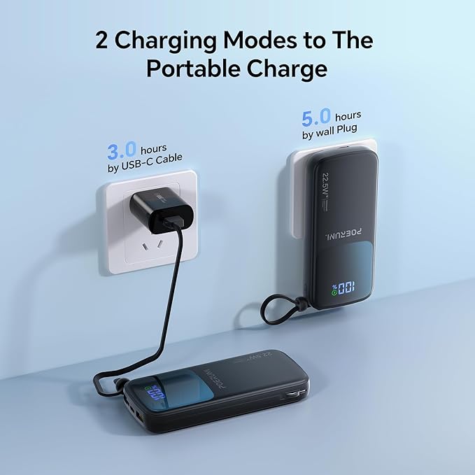 10000mAh Power Bank with a Built-in AC Wall Plug Led Display and Two Built-in Cables.USB-C Fast Charging Compatible with iPhone,Samsung,and Android Smartphones, Portable Charger with Travel.