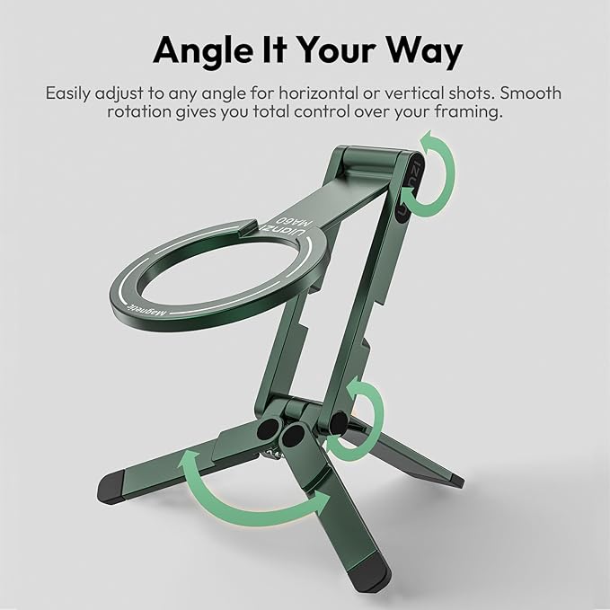 ULANZI MA60 Magnetic Phone Tripod Stand for iPhone - Aluminium Smartphone Mini Tripod Pocket Cell Phone Stand Strong Magnet Quick Mount Compatible with iPhone 16 15 14 13 13 Series, Green