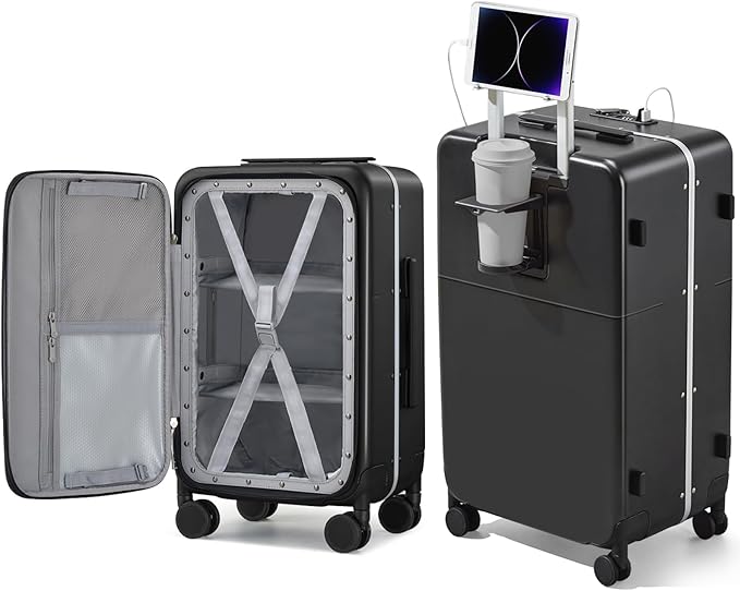 Hanke 28 Inch Luggage with Cup Holder and Charge,Top Opening Hard Shell Suitcases with Wheels and Dividers,Aluminum Frame Trunk Luggage Extra Large Suitcase with Lock for Travel，Jet Black