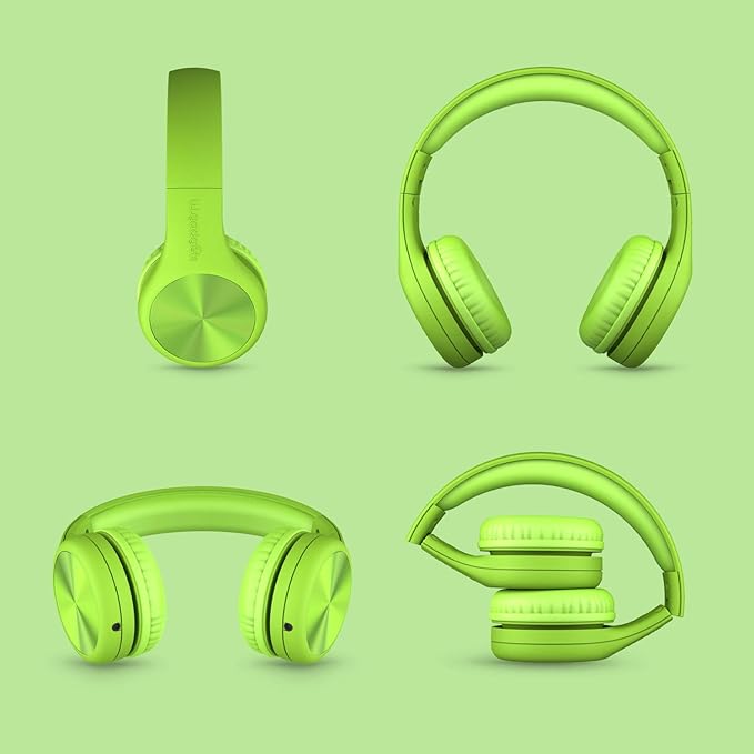LilGadgets Connect+ Pro Wired Kids Headphones for School with Microphone, Volume Limiting Over-Ear Headset with Cord, SharePort Technology & SoftTouch Padding, Green