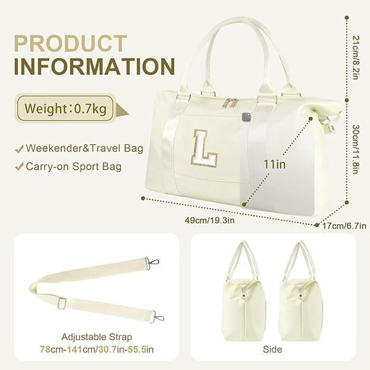 Dance Gym Duffel Bag for Teen Girls, Personalized Initial Travel Weekender Bag,Cute Overnight Carry On Duffle for Women,Sports Travel Cheer Bag,Monogram Christmas Gifts for Tween Preppy(beige-L)