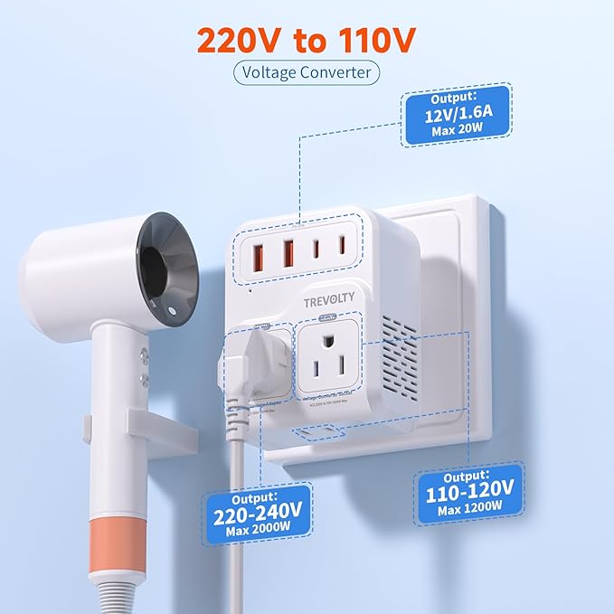 2000W Voltage Converter US to Europe for Hair Dryers, 7-in-1 220V to 110V Converter for European Travel with 3 AC/2 USBA/2 USBC Ports (PD20W), Universal Travel Adapter with Type A B C E/F G I Plugs