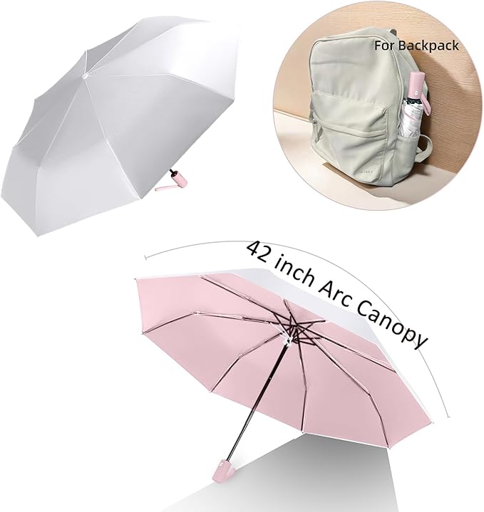 BAODINI Small UV Protection Travel Umbrella Compact for Rain and Sun UPF 50+ Windproof Portable 42 inch Umbrella for Women and Men