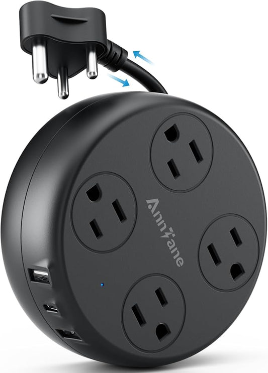 India Travel Adapter with USB C, US to India Plug Adapter with 4 Outlets 3 USB Ports, Type D Outlet Adapter for US to Bangladesh, India, Kuwait, Maldives (Black)