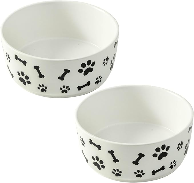UBEE Ceramic Dog Bowl Set of 2, 6.5 inch Dog Food Bowl Dish with Bone Paw Pattern, Pet Food Water Dish Feeding for Small and Meidum Dogs and Large Cat, White