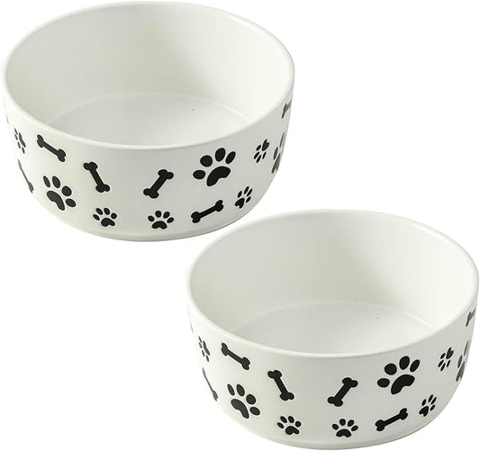 UBEE Ceramic Dog Bowl Set of 2, 6.5 inch Dog Food Bowl Dish with Bone Paw Pattern, Pet Food Water Dish Feeding for Small and Meidum Dogs and Large Cat, White