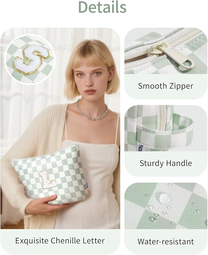 Narwey 2 Piece Personalized Initial Makeup Bag Checkered Cosmetic Bags, 6 8 10 11 12 13 14 16 18 Years Old Teen Girl Gifts Trendy Stuff Birthday Gifts for Women, Travel Toiletry Bag (Green Letter L)