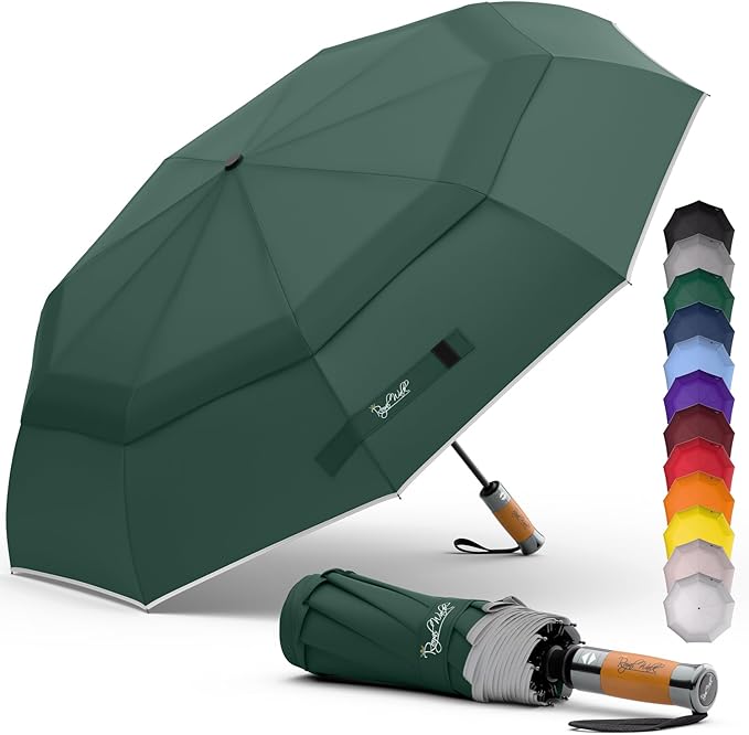 Royal Walk Windproof Folding Travel Umbrella Compact and Strong Luxurious Real Wood Handle Automatic Open Close Vented Double Canopy for Men and Women