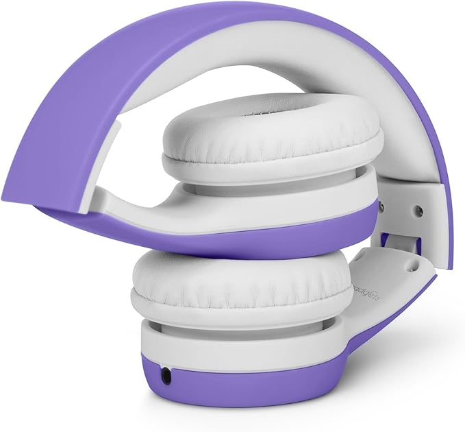 LilGadgets Connect+ Foldable Headphones, Adjustable Fit Soft Touch Padding for Kids with Mic, Volume-Limited & Noise Reduction On-Ear Wired Headset for School with SharePort - Purple, Ages 3-14