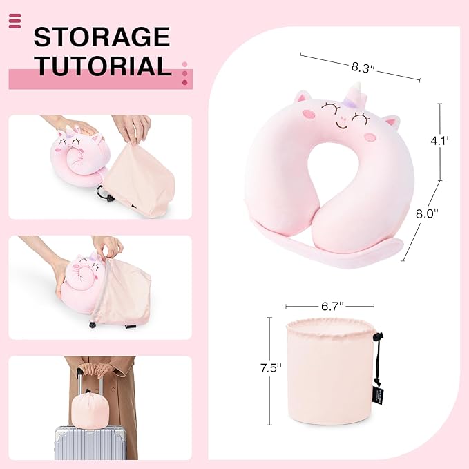 Car Pillow for Big Kids Travel Neck Pillows, Foam Neck Support Travelling Pillow with Washable Cotton Pillowcases and Storage Bag, for Airplane, Train, Flight and Home Use Unicorn Pink