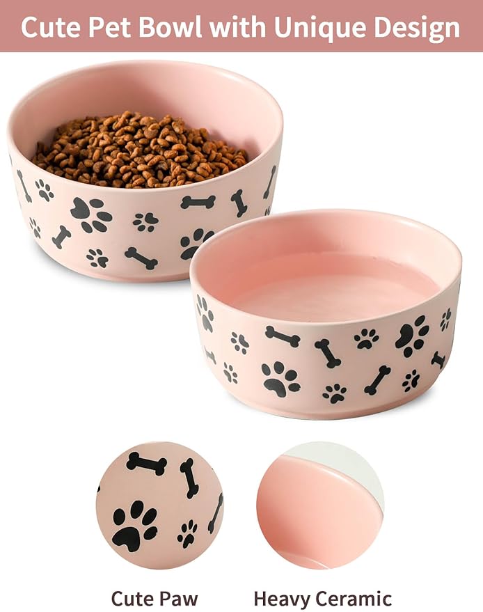 UBEE Ceramic Dog Bowl Set of 2, 6.5 inch Dog Food Bowl Dish with Bone Paw Pattern, Pet Food Water Dish Feeding for Small and Meidum Dogs and Large Cat, Pink