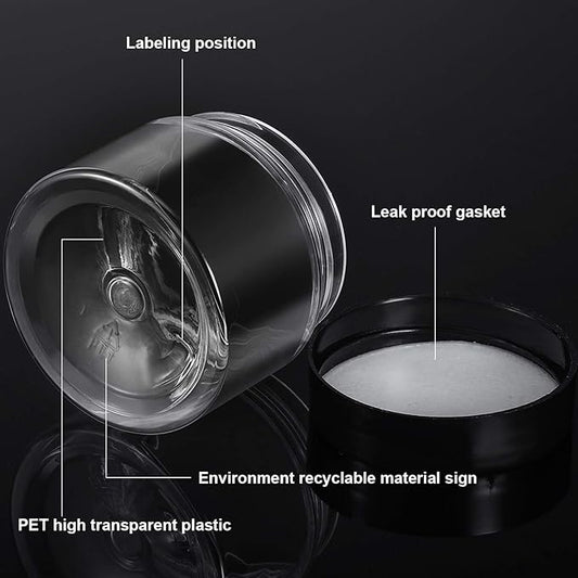 12 Pack 3 oz Plastic Container Jars with Lids Round Clear Travel Cosmetic Container Jars for Toiletries, Lotion, Cream, Ointments, Makeup, Rhinestone, Samples, Kitchen Storage (Black)