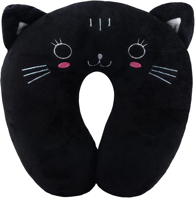 EKDJKK Travel Pillow for Kids, Cute Animal Neck Pillow Support U Shaped Cushion Plush Soft Rest Reading Pillow Sleeping Pillow for Airplane Train Car (Black Cat)