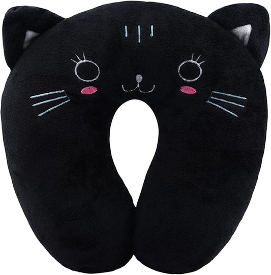 EKDJKK Travel Pillow for Kids, Cute Animal Neck Pillow Support U Shaped Cushion Plush Soft Rest Reading Pillow Sleeping Pillow for Airplane Train Car (Black Cat)