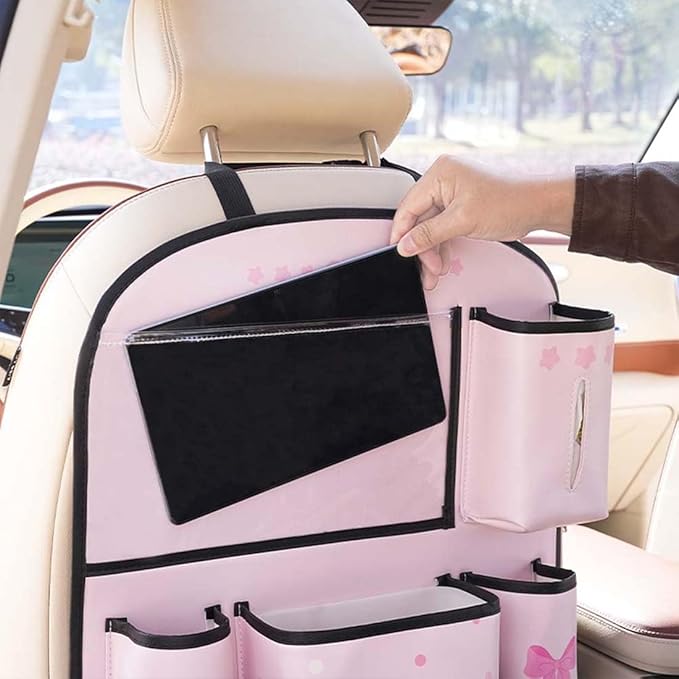 YUNZLAN Pink Black Backseat Car Organizer, Leather Kick Mats Back Seat Protector Organizer with Touch Screen Tablet Holder for Kids Travel Accessories