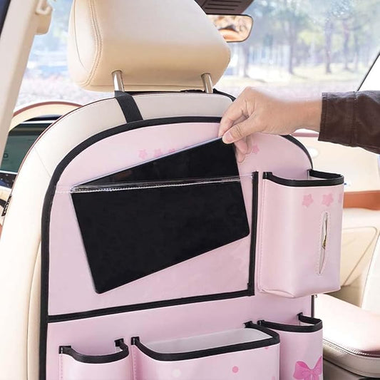 YUNZLAN Pink Black Backseat Car Organizer, Leather Kick Mats Back Seat Protector Organizer with Touch Screen Tablet Holder for Kids Travel Accessories