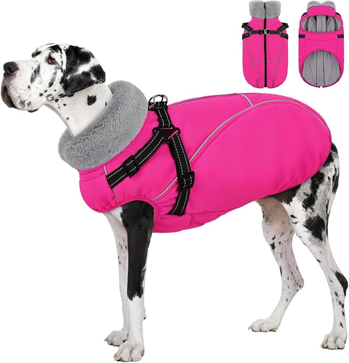 AOFITEE Large Dog Coat, Waterproof Dog Jacket Winter with Harness Built in, Warm Fleece Pet Puffer Jacket with Zipper, Cold Weather Coats for Dogs, Reflective Pet Snowsuit, Great Dane, Pink XXXL