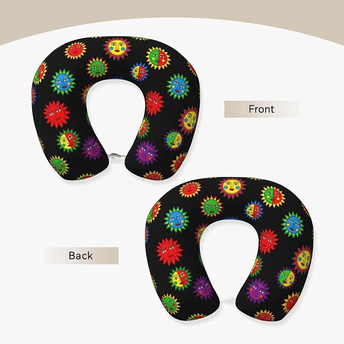 Neck Travel Pillow, Women Men Washable Airplane Car Pillows Trippy Sun Moon Art Black, Head Support Rest U Shaped Cushion Comfortable for Watching TV