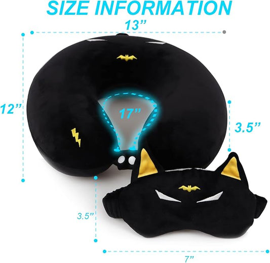 Superhero Travel Pillow for Kids & Adults with Sleep Eye Mask, Memory Foam U-Shaped Neck Pillow with Washable Cover, Soft Head Support Travel Accessories for Airplane Car Train Bus Recline, Black