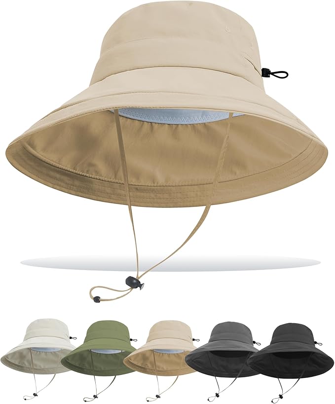 Sun Hats for Women Men UV Protection Wide Brim Bucket Hat with Ponytail Hole Waterproof Gardening Fold-Up Summer Cap