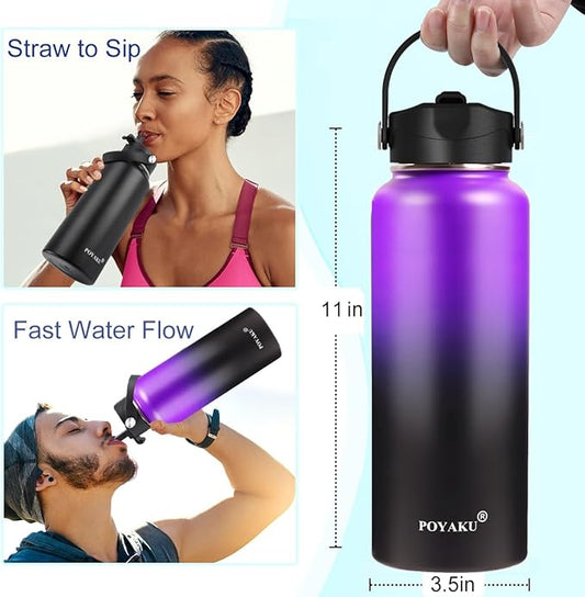 Water Bottle Insulated 32oz 40oz 64oz 128oz Straw Lid Spout Lid & 3 Lids, Leak Proof, Vacuum Insulated,Stainless Steel Water Bottle Wide Mouth for Sports, Gym or Office
