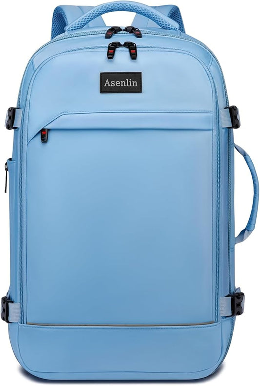 Asenlin 40L Travel Backpack for Women Men，17 Inch Laptop Backpack Flight Approved Luggage Carry On Water Resistant for Weekender Overnight Large Daypack Light Blue