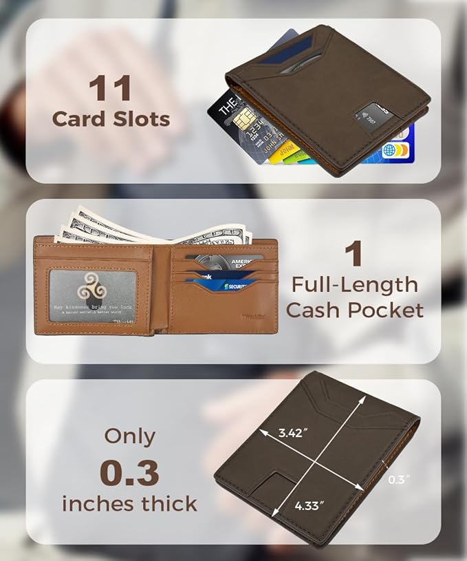 7worldlet Slim RFID Blocking Wallets for Men Synthra™ Ultra Leather Bifold Minimalist Wallet 11 Cord Holder Thin Mens Wallet with Gift Box (Brown+Light Brown)