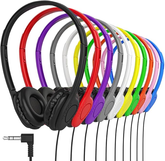 Maeline Kids Headphones for School Classroom K-12, Library, Museum, Travel, On Ear Stereo Headset with Adjustable Band & Faux Leather Cushions - 3.5mm Plug - 50 Pack - Multicolors