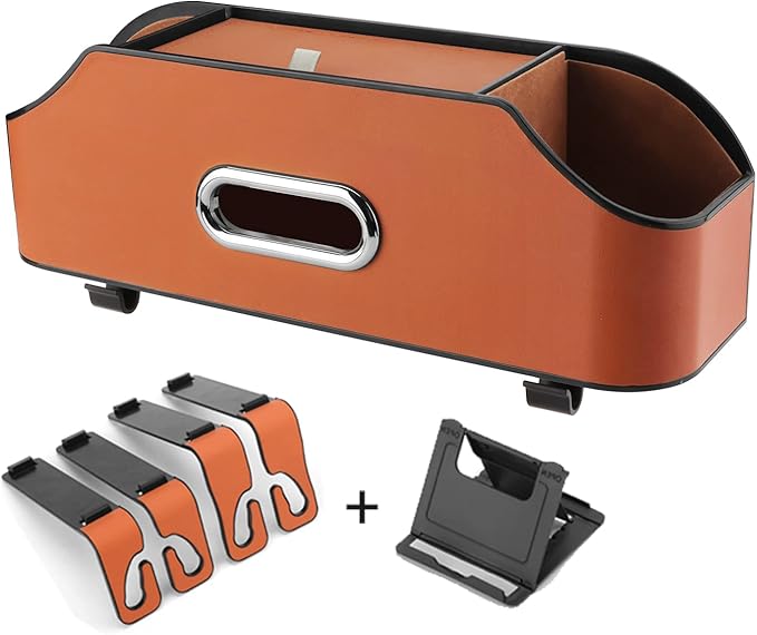 HOLDCY Car Back Seat Organizer with 2 Drink Cup Holder - Tissue Box and Storage Box Hook - Multi-functional Storage - Great for Kids and Travel (Orange)