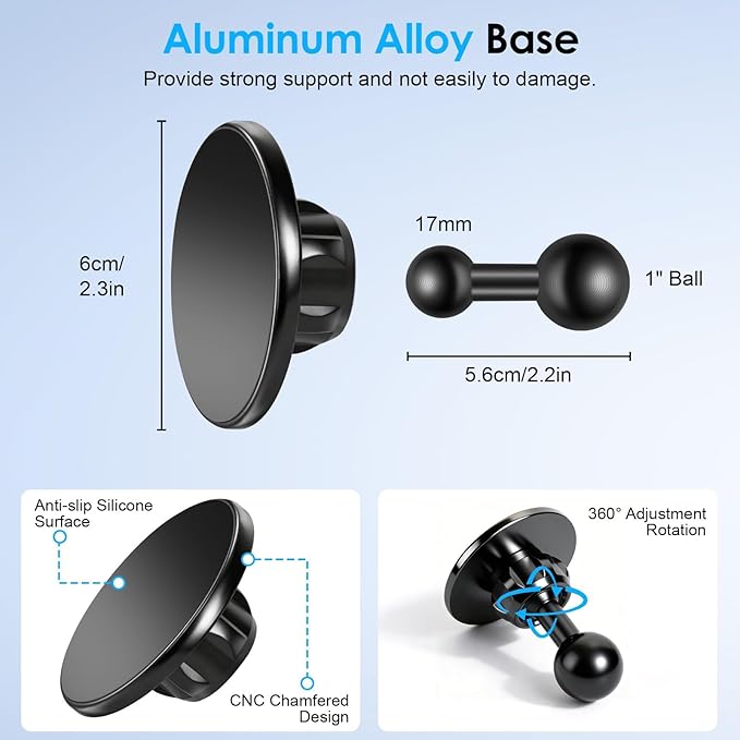 EEEKit Aluminum Alloy Magnetic Phone Holder Compatible with Ram Mount, 1" Ball Head Metal Mount Base for Double Socket Arm