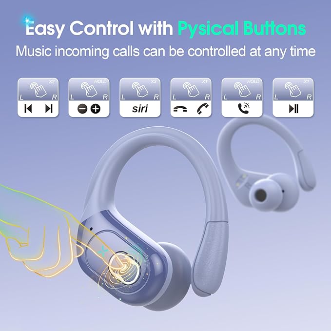 Wireless Earbuds 75hrs Bluetooth 5.4 Headphone Sport, 2026 Bluetooth Earbuds HiFi Stereo Over Ear Bud with Earhooks, ENC Noise Cancelling Mic, IPX7 Waterproof Earphone for Gym, Purple Blue