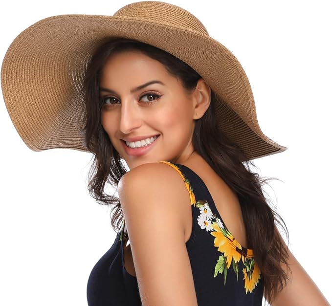 Lanzom Womens Wide Brim Straw Hat Big Floppy Foldable Roll up Cap Beach Sun Hat UPF 50+