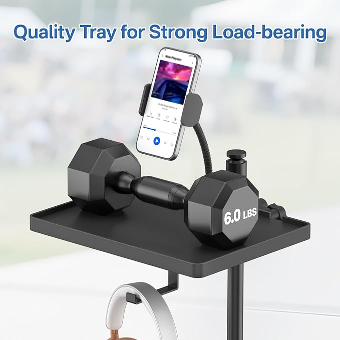 Functional Microphone Stand Tray with Adjustable Mic Stand Phone Holder - 8.7"x6.5" Mic Stand Tray Shelf Clamp-On Music Stand Accessory for Live Streaming Karaoke Recording