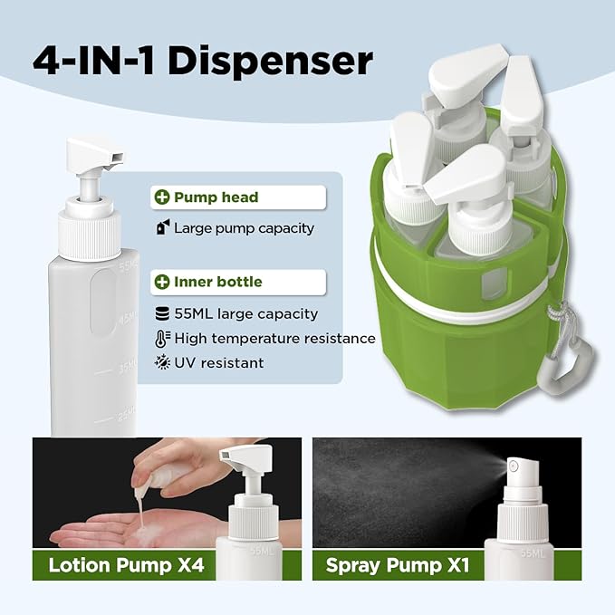 YOTIME 4in1 Travel Bottles with Suction Cup, TSA Approved Leak Proof Travel Size Containers for Toiletries, Refillable Travel Accessories for Shampoo, Body Wash and Conditioner, Green