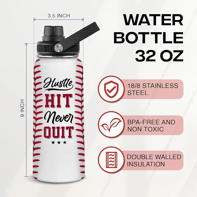 Baseball Water Bottle 32oz Hustle Hit Never Quit Stainless Steel Insulated Bottle for Men Women Sports Lovers Baseball Fans