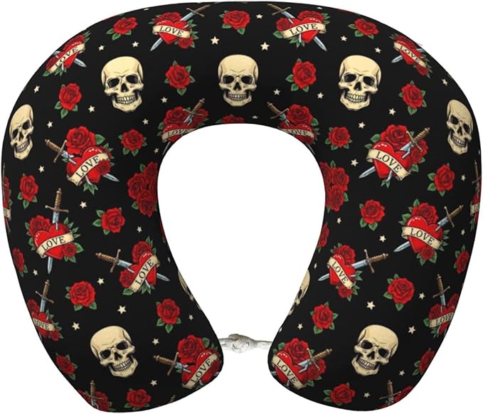 Neck Pillows for Travel Red Rose Sugar Skulls Flowers Floral, Women and Men Airplane Car Pillow, Neck Support U Shaped Pillow for Rest Pain Relief Sleeping