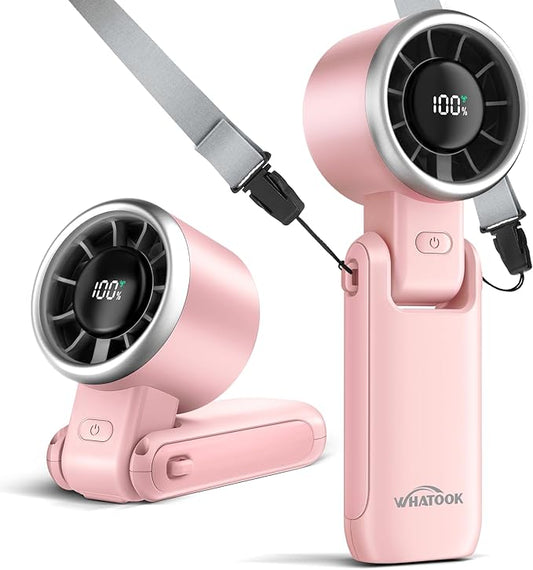 WHATOOK Portable Handheld Fan: Personal Fans with Air Turbo Tech, 5 Speeds Led Display, USB Rechargeable Battery Powered, 12 Hours Max, Mini Fan for Makeup, Concerts, Beaches, Travel (Pink)