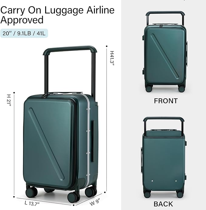 MILADA Wide Handle Carry On Luggage with Front Pocket Hardshell 20 Inch Front Opening Luggage with Spinner Wheels TSA Lock Aluminium Suitcase Airline Approved Carry-On Travel Luggage, Blackish Green