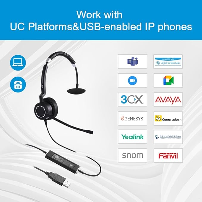 VT Wired UC-Headset with Dual Noise-Cancelling-Microphones - Work Headphones with USB-A Connectivity for PC/Laptop/IP Phones Compatible with MS Teams Used for Zoom,Jabber,GoogleMeet,Genesys,3CX,etc.