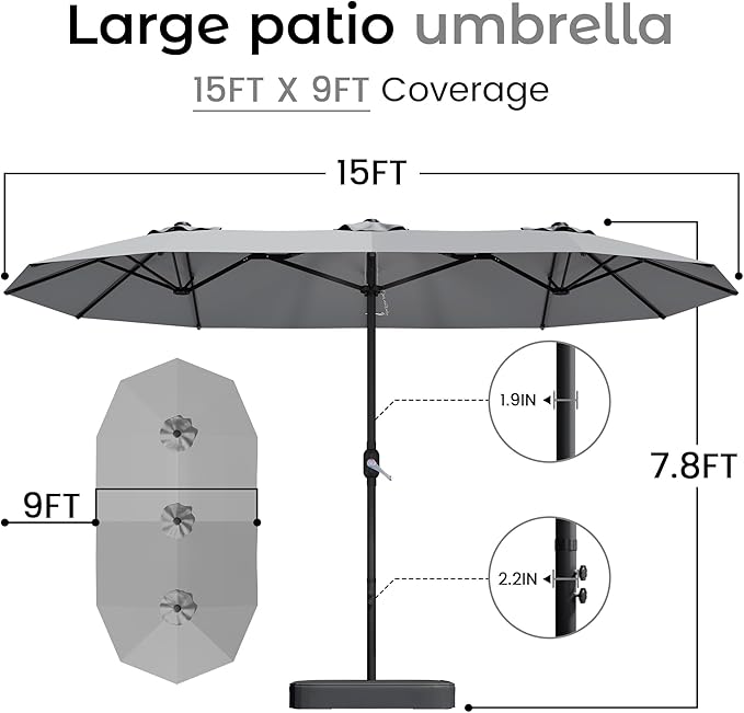 15ft Patio Umbrella with Base,Large Outdoor Double-Sided Rectangle Umbrella with Crank Handle, Market Umbrella for Poolside Garden Deck Backyard Beach Pools, Gray