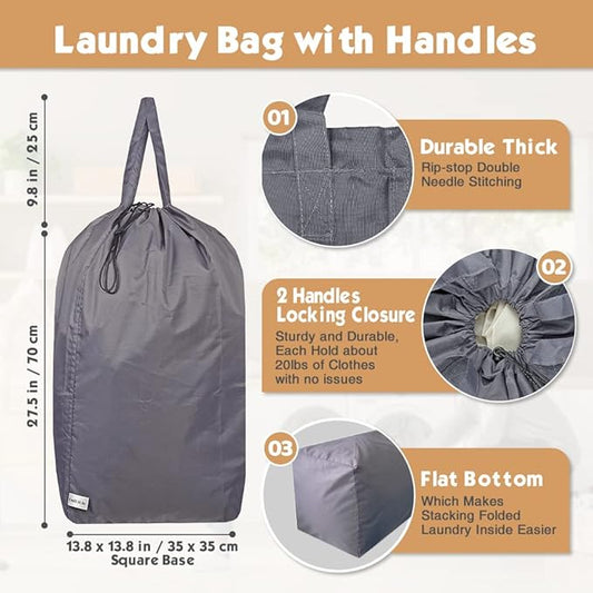 Washable Travel Laundry Bag with Handles and Drawstring (2 Pack), Heavy Duty Large Enough to Hold 3 Loads of Laundry, Fit a Laundry Basket or Clothes Hamper, 27.5x34.5 in,Grey