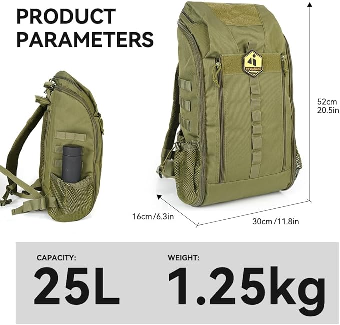 Hiking Backpack 25L for Men & Women, Waterproof Breathable Daypack, Lightweight Camping Backpacking Backpack with MOLLE System-Green