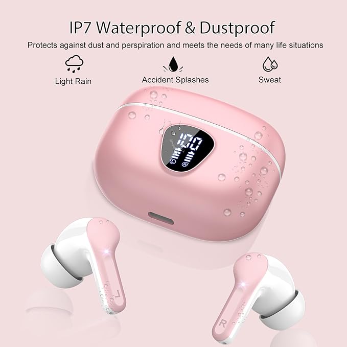 Wireless Earbuds, Bluetooth 5.4 Headphones HiFi Stereo, Bluetooth Earbuds with ENC Noise Cancelling Mic, IP7 Waterproof in Ear Earphones, 48H, LED Display Ear Buds for Pad Phones Workout Sports, Pink