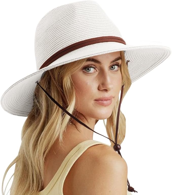 DRESHOW Women Straw Panama Hat Travel Fedora Beach Sun Hat Summer Wide Brim Straw Roll up Hat UPF 50+