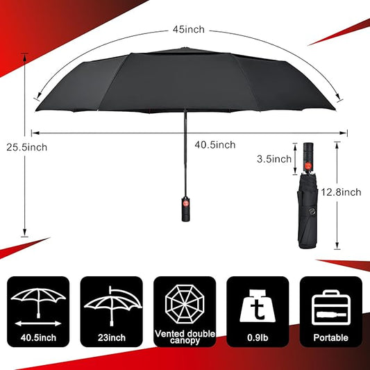 Lejorain Collapsible Umbrella Compact Travel - Portable Black Double Canopy Automatic Windproof Umbrella Folding Striking Red Reinforced Fiberglass Frame