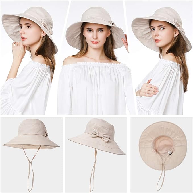 Comhats Packable Summer Cotton Sun Hat Bucket for Women UV Protection Wide Brim Beach Gardening Travel 54-64CM
