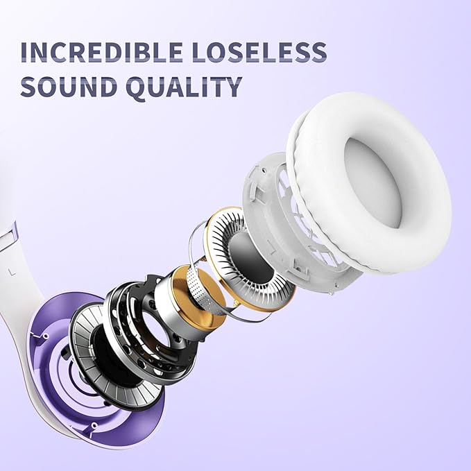Uliptz Wireless Bluetooth Headphones, 65H Playtime, 6EQ Sound Modes, HiFi Stereo Over Ear Headphones with Microphone, Foldable Bluetooth 5.3 Headphone for Travel/Office/Cellphone/PC (Purple)