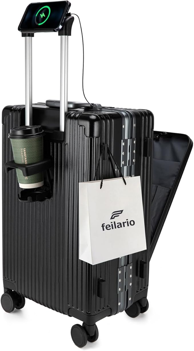 feilario 20in Aluminium Frame PC Hard Shell Spinner Wheels Luggage, Built-In TSA lock Carry on Suitcase, with Cup Holder, USB Port, Phone Holder